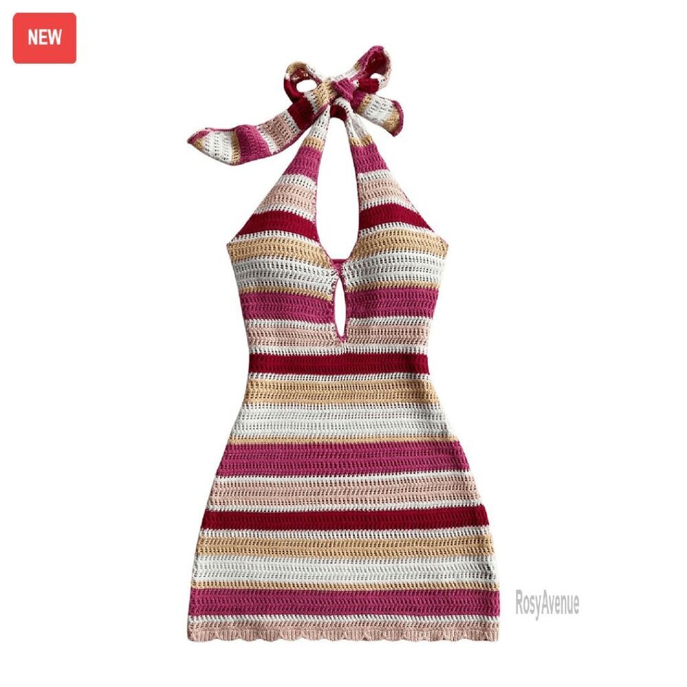 Striped Halter Bodycon Dress Sleeveless Backless Mini Knit Vacation